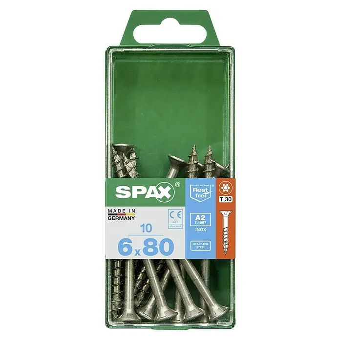 Spax T-Star plus Senkkopfschraube Rostfrei - Ø x L: 6 x 80 mm, Edelstahl rostfrei A2, 10 Stk., Teilgewinde - Bild einer Spax-Schraubenpackung, Größe 6x80, aus Edelstahl, ideal für Holzverbindungen im Innen- und Außenbereich, mit T30-Antrieb für optimale Kraftübertragung.