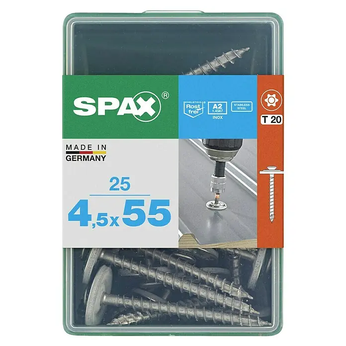 Spax Spenglerschraube T-Star plus - Ø x L: 4,5 x 55 mm, T-Star plus, 25 Stk. - Dose Spax Edelstahlschrauben A2 mit Senkkopf und Torx-Antrieb, ideal für Befestigungen im Außenbereich und in feuchten Umgebungen.