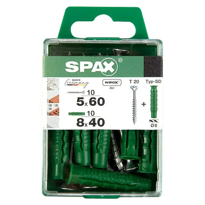 Spax Schrauben- & Dübel-Set - 10 Stk., Ø x L: 5 x 60 mm - Spax Schrauben und Dübel Set: 5x60 Schrauben mit 8x40 Dübeln in einer praktischen Aufbewahrungsbox für vielfältige Anwendungen.
