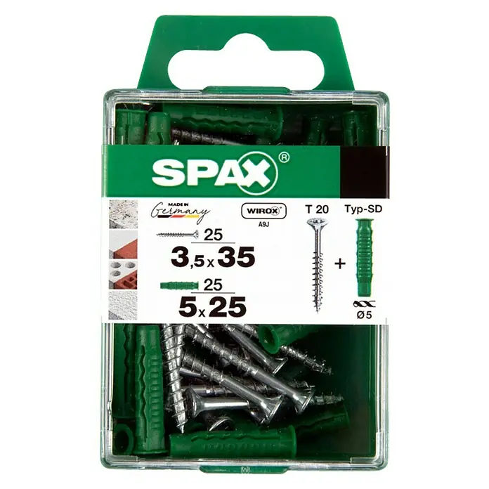 Spax Schrauben- & Dübel-Set - 25 Stk., Ø x L: 3,5 x 35 mm - Eine Packung Spax Universaldübel 3,5 x 35 mm mit Schrauben, ideal für Befestigungen in verschiedenen Materialien.