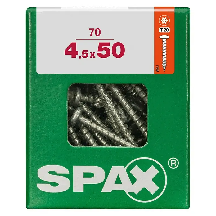Spax T-Star plus Universalschraube - Ø x L: 4,5 x 50 mm, Vollgewinde, 70 Stk. - Eine Packung SPAX Universalschrauben 4,5 x 50 mm mit Senkkopf und T20-Antrieb, ideal für vielfältige Anwendungen im Innen- und Außenbereich.