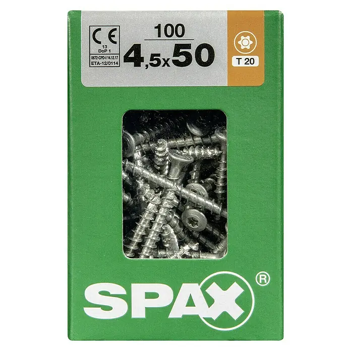Spax T-Star plus Linsensenkschraube - Ø x L: 4,5 x 50 mm, Linsensenkkopf, 100 Stk. - Eine Packung SPAX-Schrauben, Größe 4,5x50, inklusive T20-Bit. Ideal für verschiedene Holzbauprojekte.