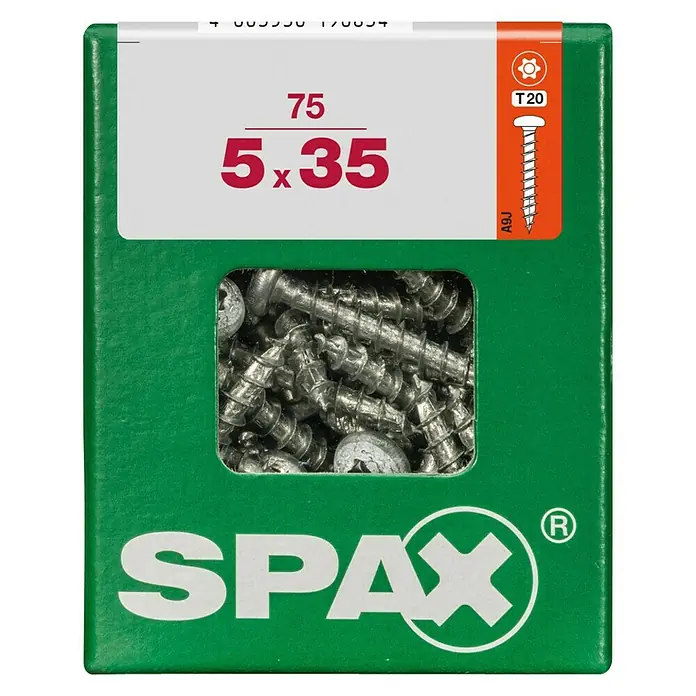 Spax T-Star plus Universalschraube - Ø x L: 5 x 35 mm, Vollgewinde, 75 Stk. - Eine grüne Packung SPAX Schrauben, Größe 5x35, mit dem SPAX Logo und einer Abbildung der Schrauben in der Packung.