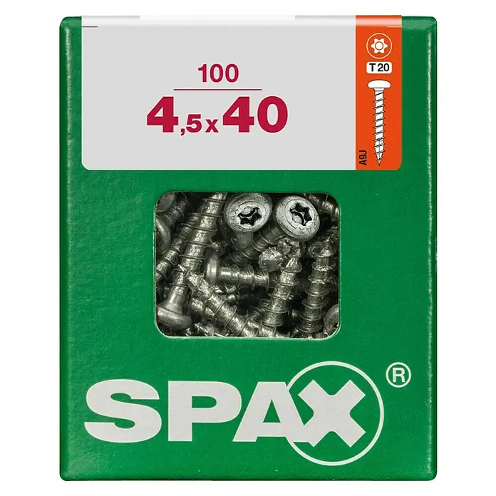 Spax T-Star plus Universalschraube - Ø x L: 4,5 x 40 mm, Vollgewinde, 100 Stk. - Eine grüne Verpackung mit 100 SPAX Schrauben, Größe 4,5 x 40, und einem T20 Schraubenkopf.