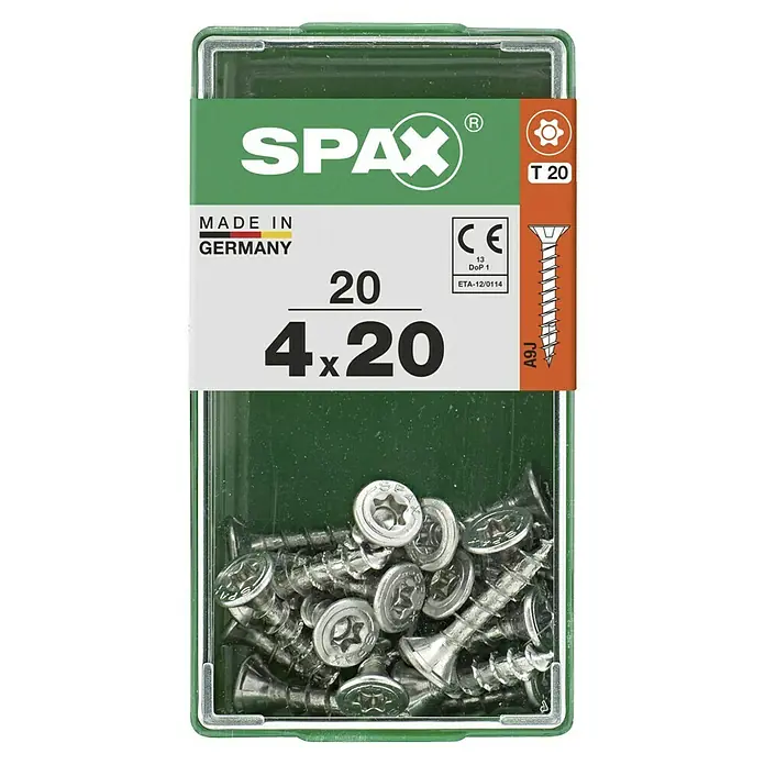 Spax T-Star plus Universalschraube T-Star plus - Ø x L: 4 x 20 mm, 20 Stk., Vollgewinde - Eine Packung SPAX Schrauben 4x20 mm, hergestellt in Deutschland, mit Torx T20-Antrieb und CE-Kennzeichnung.