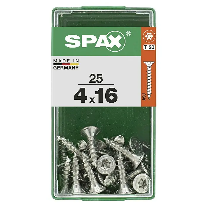 Spax T-Star plus Universalschraube T-Star plus - Ø x L: 4 x 16 mm, 25 Stk., Vollgewinde - Dose mit 25 Spax Universalschrauben, Senkkopf, T-STAR plus T20, A9J Gewinde, aus Deutschland, ideal für Holzverbindungen.