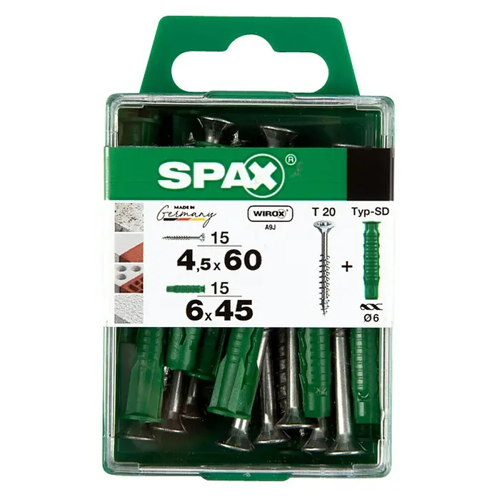 Spax T-Star plus Tornillo para terraza - Ø x L: 4,5 x 60 mm, 400 ud. - Paquete de tornillos Spax de 4,5x60 mm y 6x45 mm con tacos, ideal para fijación interior y exterior, Fabricado en Alemania, calidad profesional.