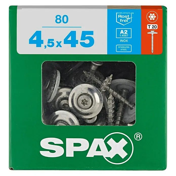 Spax Spenglerschraube T-Star plus - Ø x L: 4,5 x 45 mm, T-Star plus, 80 Stk. - Spax Edelstahlschrauben A2, rostfrei, Größe 4,5x45, ideal für den Einsatz im Außenbereich und in feuchten Umgebungen.