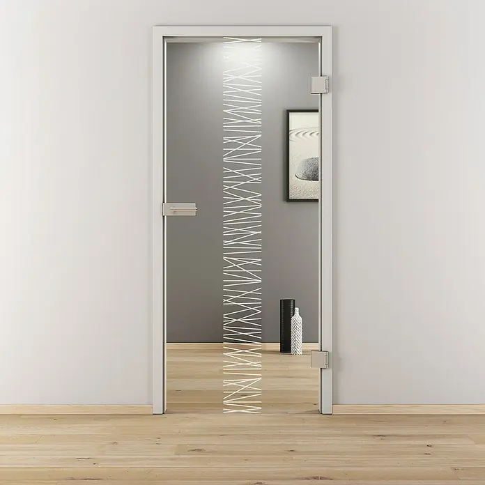 Diamond Doors Glasdrehtür 549 - 709 x 1.972 mm, DIN Anschlag: Rechts, Klarglas - Elegante Glastür mit weißem Dekor. Die Tür besticht durch ihr modernes Design und die hochwertigen Beschläge, die für eine stilvolle Optik sorgen.