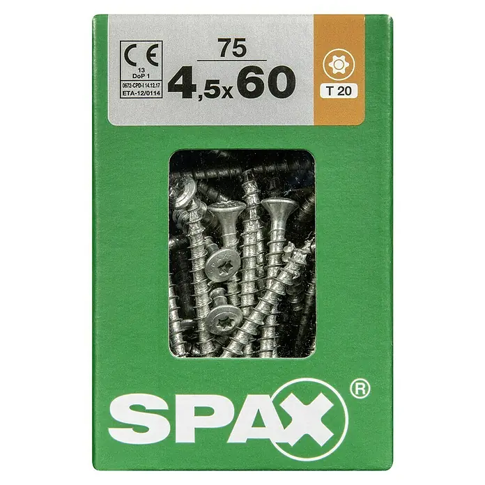 Spax T-Star plus Linsensenkschraube - Ø x L: 4,5 x 60 mm, Linsensenkkopf, 75 Stk. - Eine Packung SPAX-Schrauben der Größe 4,5 x 60 mm, geeignet für T20-Bits, ist auf der Abbildung zu sehen.