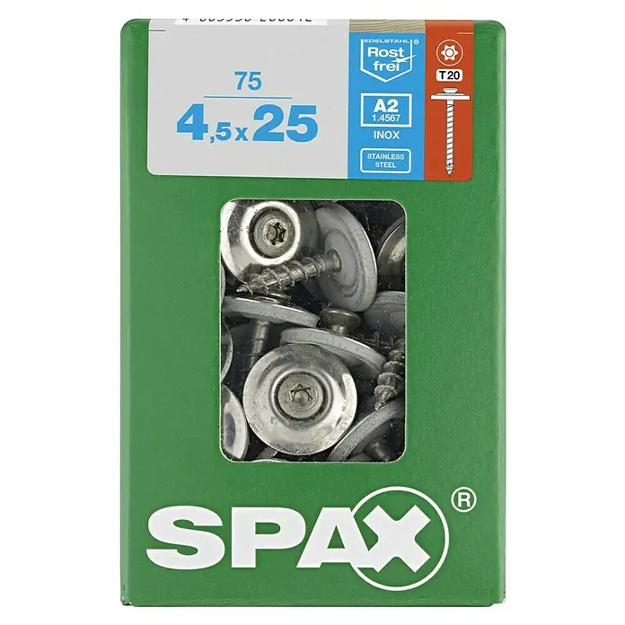 Spax Spenglerschraube T-Star plus - Ø x L: 4,5 x 25 mm, T-Star plus, 75 Stk. - SPAX Schraubenbox mit 75 Edelstahlschrauben, ideal für robuste Verbindungen im Außenbereich und Feuchträumen, Größe 4,5 x 25 mm.
