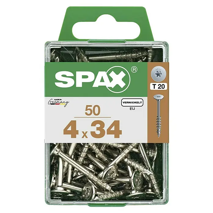 Spax T-Star plus Rückwandschraube - Ø x L: 4 x 34 mm, Teilgewinde, 50 Stk. - Eine Packung Spax-Senkkopfschrauben, vernickelt, Größe 4x34mm, Torx T20-Antrieb, ideal für Holzverbindungen im Innenbereich. Schrauben aus Deutschland.