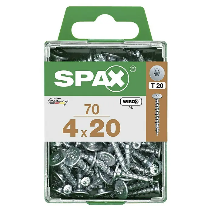 Spax Universalschraube T-STAR plus WIROX - Ø x L: 4 x 20 mm, Vollgewinde, 70 Stk., Silber - Bild einer Schachtel SPAX Universalschrauben mit Senkkopf, T20 Antrieb, WIROX A9J Beschichtung, 4x20 mm Größe und 70 Stück Inhalt.