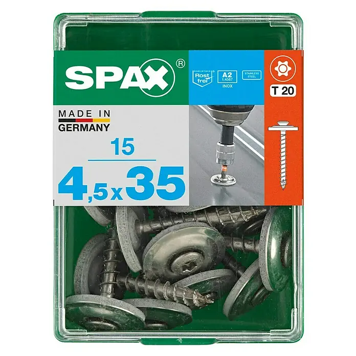 Spax Spenglerschraube T-Star plus - Ø x L: 4,5 x 35 mm, T-Star plus, 15 Stk. - Dose Spax Schrauben 4,5x35 mm mit Dichtscheibe, ideal für Befestigungen im Aussenbereich. Rostfreier Edelstahl A2, T20 Antrieb.
