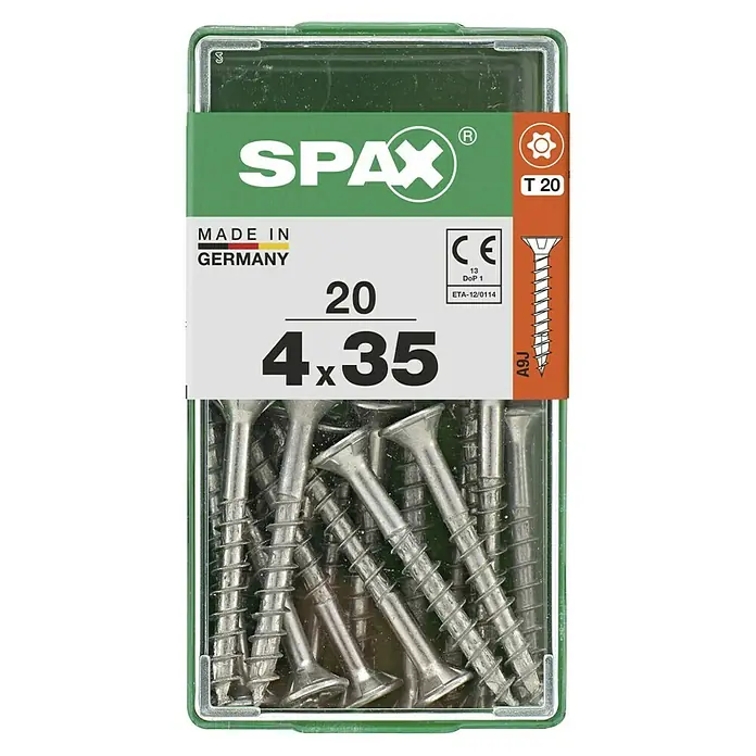 Spax T-Star plus Universalschraube T-Star plus - Ø x L: 4 x 35 mm, 20 Stk., Vollgewinde - Eine Packung SPAX Schrauben 4x35 mm, hergestellt in Deutschland, mit T20 Torx-Antrieb. Ideal für Holzkonstruktionen und Heimwerkerprojekte.