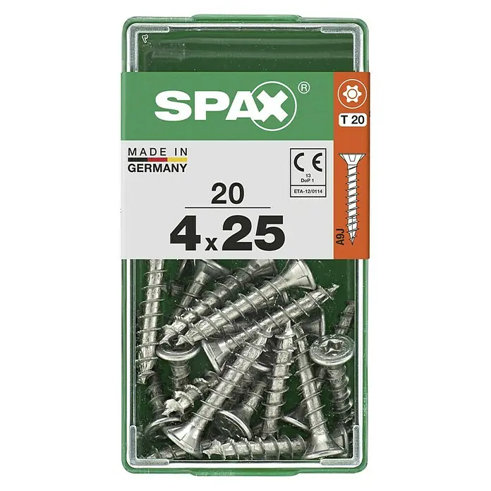 Spax T-Star plus Universalschraube T-Star plus - Ø x L: 4 x 25 mm, 20 Stk., Vollgewinde - Verpackung von 20 SPAX-Schrauben der Größe 4x25, hergestellt in Deutschland, für Torx T20-Antrieb.