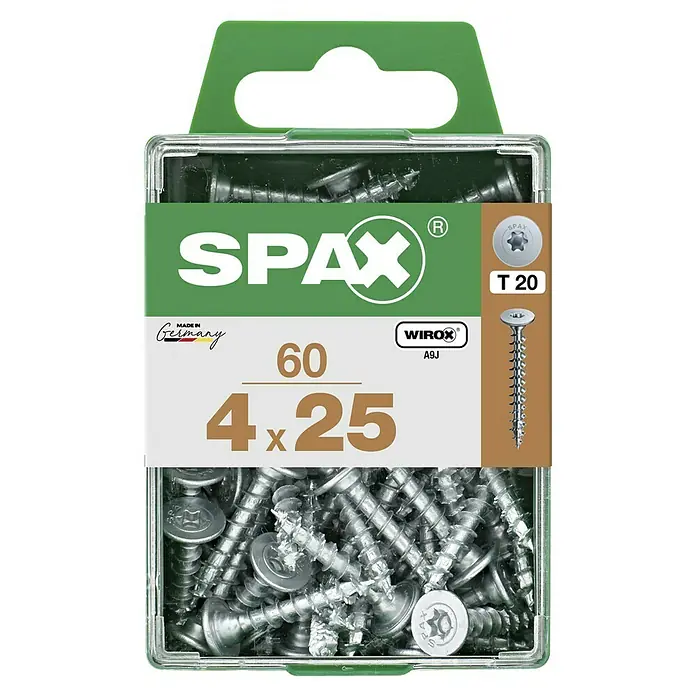 Spax Universalschraube T-STAR plus WIROX - Ø x L: 4 x 25 mm, Vollgewinde, 60 Stk., Silber - Eine Packung Spax Schrauben, Größe 4 x 25 mm, mit T20 Torx-Antrieb und Wirox-Beschichtung, ideal für Holzverbindungen im Innen- und Außenbereich.