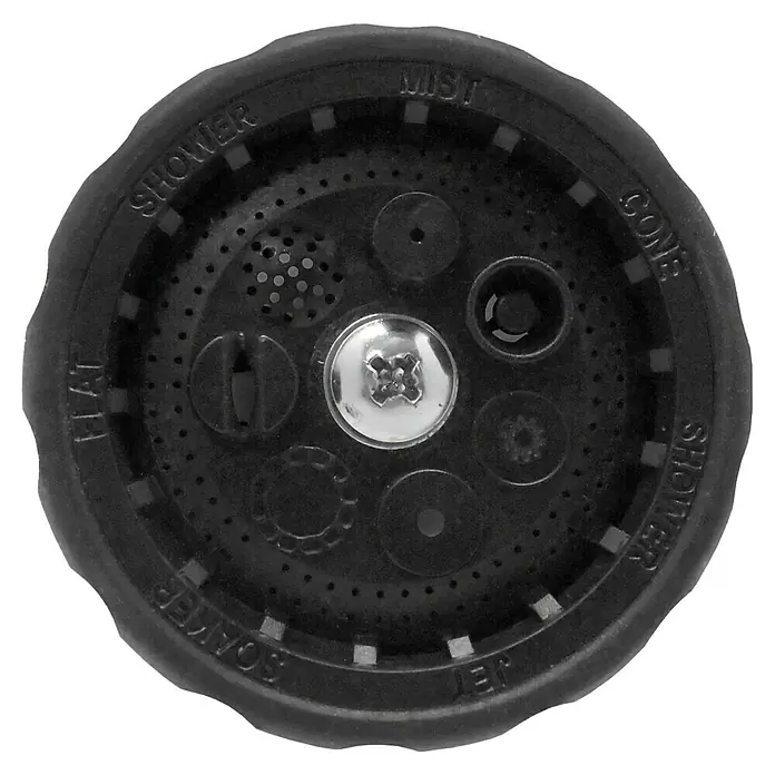 Altadex Pistola de riego rociadora 7 formas - Número de formas de rociado: 7 ud. - Primer plano de un cabezal de manguera de jardín negro con varios patrones de rociado.