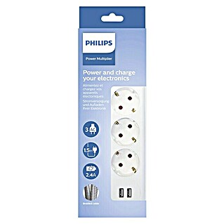 Philips Base de enchufe múltiple con puerto USB (x 3, Blanco, Longitud del cable: 2 m, Con interruptor)