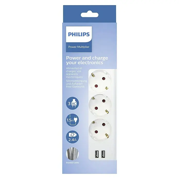 Philips Base de enchufe múltiple con puerto USB - x 3, Blanco, Longitud del cable: 2 m, Con interruptor - Philips Power Multiplier: Una regleta con tres enchufes de CA y dos puertos USB para alimentar y cargar tus dispositivos electrónicos.