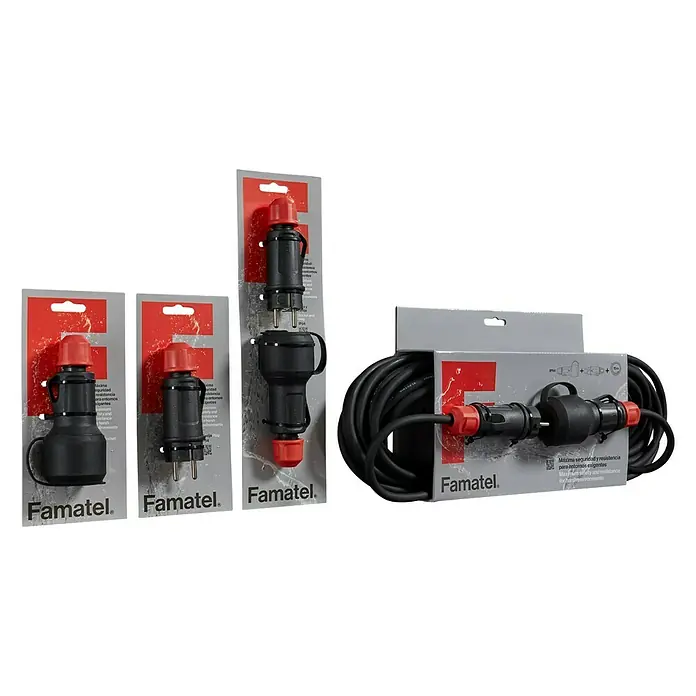 Famatel Clavija con base desmontable - Negro/Rojo, Plástico, IP54, 16 A - Línea de productos Famatel: enchufes y bases para máxima seguridad y resistencia en entornos exigentes.