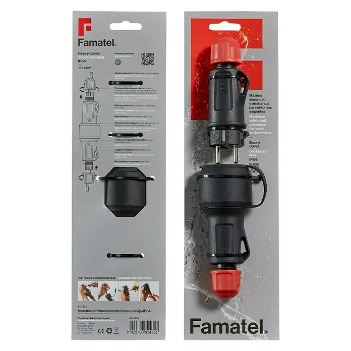 Famatel Clavija con base desmontable - Negro/Rojo, Plástico, IP54, 16 A - Base y enchufe Famatel IP54: Máxima seguridad y resistencia para entornos exigentes.