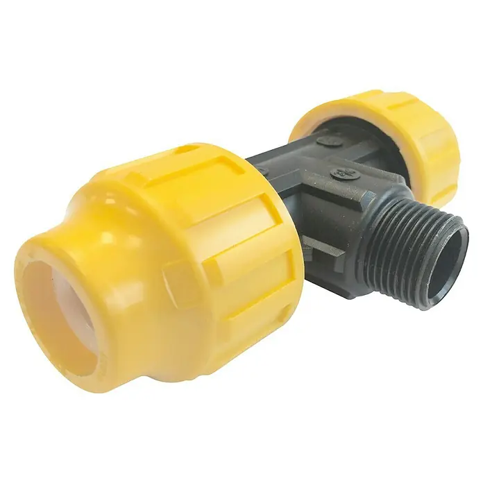 Te PE rosca macho - 25 mm, ¾″, Macho - Vista del producto de un accesorio de tubería amarillo y negro con un extremo roscado. Ideal para instalaciones de fontanería y sistemas de tuberías.