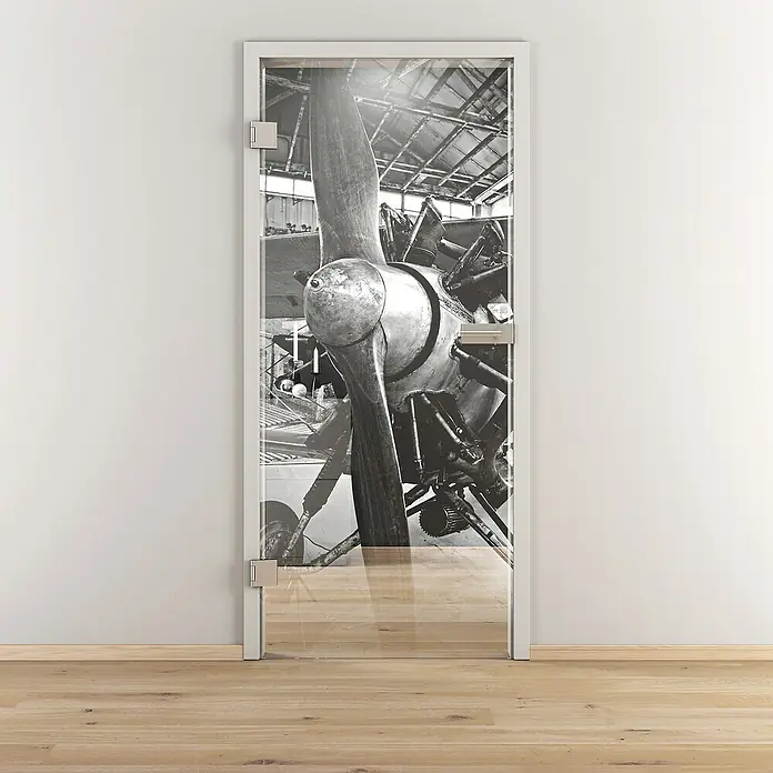 Diamond Doors Glasdrehtür 619 - 959 x 1.972 mm, DIN Anschlag: Links, Einscheibensicherheitsglas (ESG) - Stilvolle Glastür mit einem beeindruckenden Schwarz-Weiß-Aufdruck eines Flugzeugmotors, der jedem Raum einen industriellen Charme verleiht.