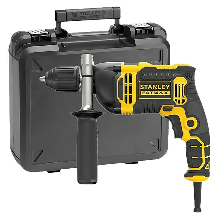 Stanley FatMax Taladro percutor FMEH750K-QS con maletín - 750 W, Portabrocas de sujeción rápida - Imagen de un taladro Stanley Fatmax con estuche, perfecto para aficionados al bricolaje y profesionales. Potente y fiable.