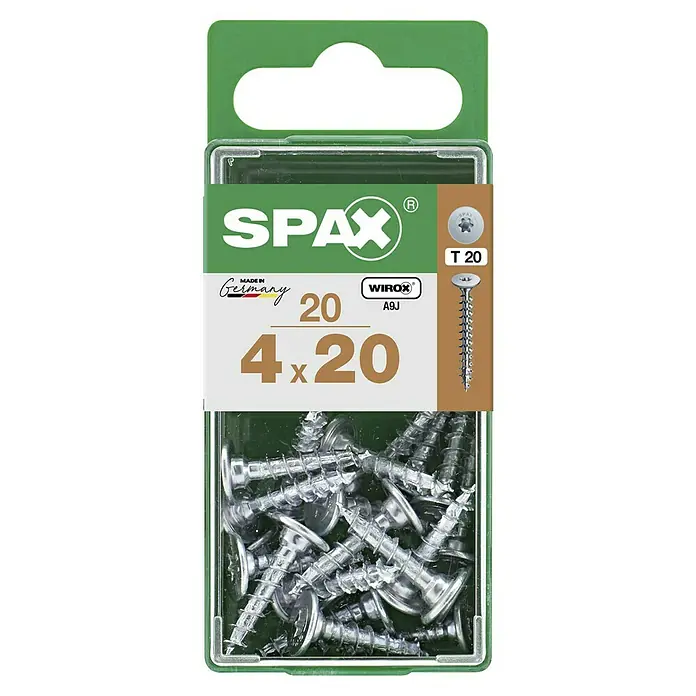 Spax Universalschraube T-STAR plus WIROX - Ø x L: 4 x 20 mm, Vollgewinde, 20 Stk., Silber - Bild einer Packung Spax Universalschrauben 4 x 20 mm, T20-Antrieb, ideal für Holzkonstruktionen und Heimwerkerprojekte.