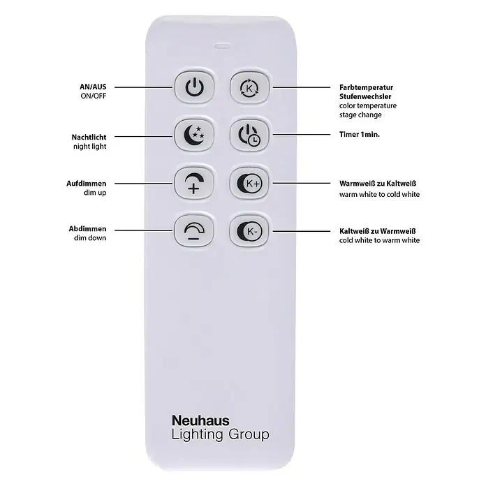 Just Light LED-Deckenleuchte Iven - 15,5 W, L x B x H: 50 x 42 x 7 cm, Stahl, Warmweiß - Bild einer weißen Fernbedienung für eine Lampe mit verschiedenen Knöpfen und Funktionen.