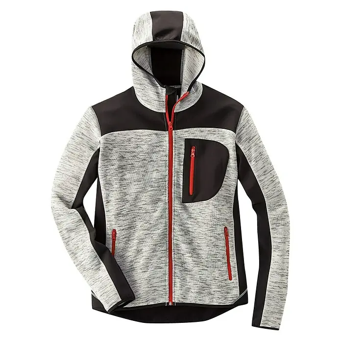 HD Concept Strickjacke Professional - Grau/Schwarz, XL - Graue Kapuzenjacke mit roten Reißverschlüssen und schwarzen Akzenten. Ideal für Sport oder Freizeit.