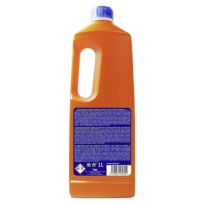 MPL Desatascador líquido - 1 l - Botella naranja de desatascador MPL. Elimina atascos y olores en tuberías. ¡Siga las instrucciones de seguridad!