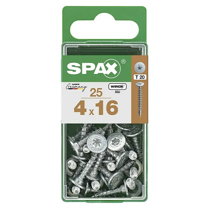 Spax Universalschraube T-STAR plus WIROX - Ø x L: 4 x 16 mm, Vollgewinde, 25 Stk., Silber - Eine Packung SPAX Universalschrauben 4 x 16 mm mit Senkkopf, T-20 Antrieb und Teilgewinde, ideal für vielfältige Anwendungen im Holzbereich.