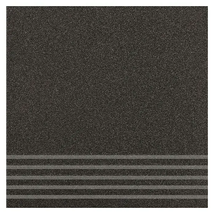 Stufen- & Abdeckplatte Elba - 30 x 30 cm, Anthrazit, Matt - Quadratische, dunkelgraue Fliese mit feiner Körnung und vier hellgrauen, horizontalen Streifen im unteren Bereich.