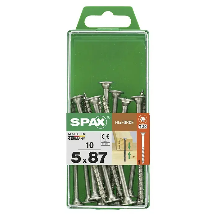 Spax T-Star plus Tellerkopfschraube - Ø x L: 5 x 87 mm, WIROX Oberfläche, T-Star plus, 10 Stk. - Eine Packung SPAX Hi-Force Schrauben, Größe 5x87, hergestellt in Deutschland, mit T20-Antrieb für eine kraftvolle und sichere Verschraubung.