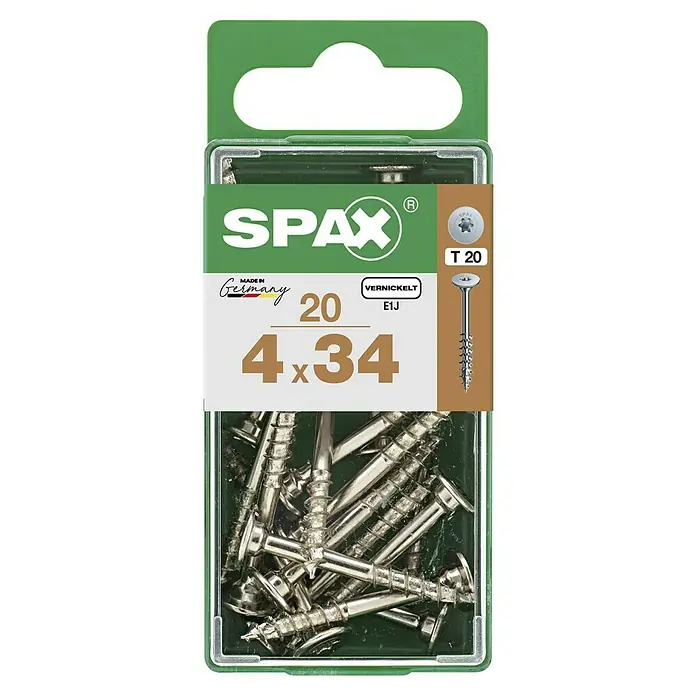 Spax T-Star plus Rückwandschraube - Ø x L: 4 x 34 mm, Teilgewinde, 20 Stk. - Bild einer Packung SPAX-Senkkopfschrauben mit den Maßen 4x34 mm, ideal für vielseitige Anwendungen.