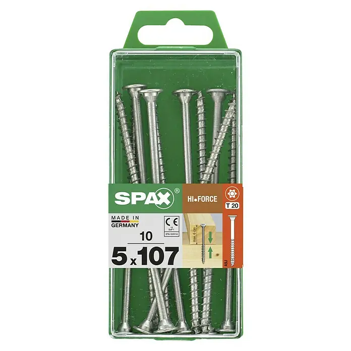 Spax T-Star plus Tellerkopfschraube - Ø x L: 5 x 107 mm, WIROX Oberfläche, T-Star plus, 10 Stk. - Eine Packung SPAX Hi-Force Schrauben 5x107, mit Torx T20 Antrieb, hergestellt in Deutschland, ideal für Holzkonstruktionen.