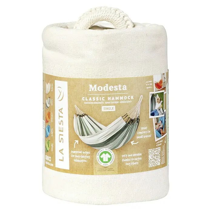 La Siesta Hängematte Modesta - L x B: 300 x 140 cm, Latte, Single - Nahaufnahme einer verpackten La Siesta Modesta Hängematte.