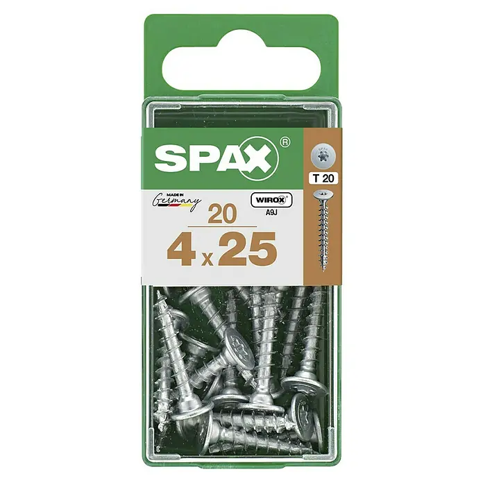 Spax Universalschraube T-STAR plus WIROX - Ø x L: 4 x 25 mm, Vollgewinde, 20 Stk., Silber - Eine Packung Spax-Schrauben 4x25 mm, ideal für diverse Holzverbindungen. Das Paket enthält 20 Schrauben mit Torx-Antrieb und grünem Aufhänger.