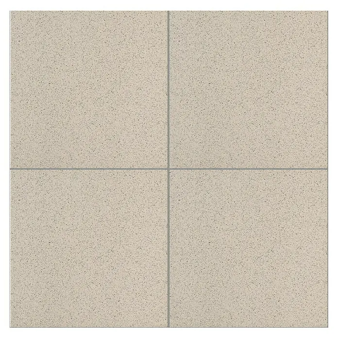 Feinsteinzeugfliese Pompei - 60 x 60 cm, Sand, Matt - Nahaufnahme von 4 beige gesprenkelten Keramikfliesen, geteilt durch graue Fugenlinien, die ein modernes, minimalistisches Design zeigen.