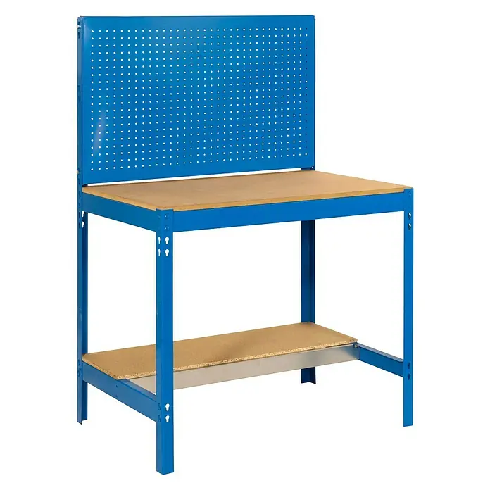 Simonrack Simonwork Werkbank BT2 900 - Blau/Holz, Breite: 91 cm - Blaue Werkbank mit Lochwand und zwei Arbeitsflächen für Werkstatt oder Hobbyraum zur sicheren und praktischen Werkzeugaufbewahrung.