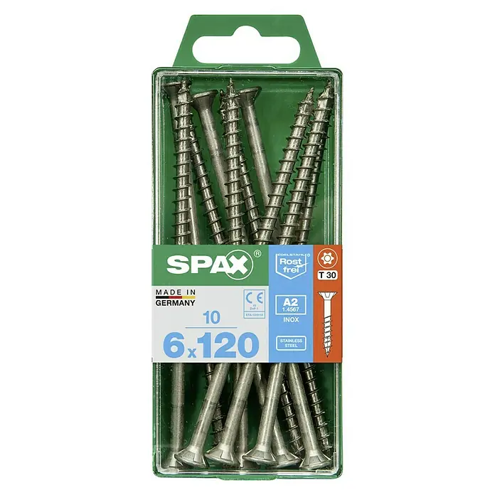 Spax T-Star plus Senkkopfschraube T-Star plus - Ø x L: 6 x 120 mm, Edelstahl, 10 Stk., Teilgewinde - Packung mit SPAX Edelstahlschrauben, ideal für vielfältige Anwendungen im Innen- und Außenbereich. Schrauben mit Senkkopf und T30-Antrieb.