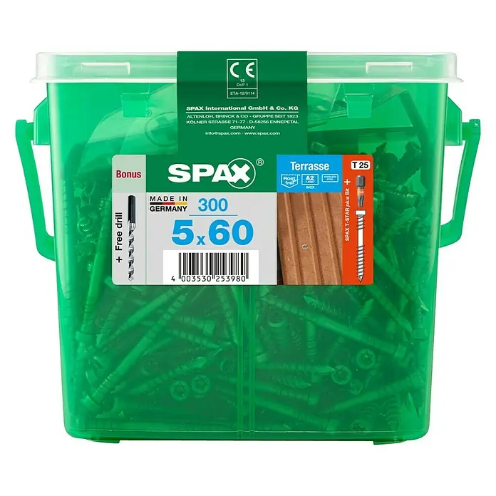 Spax T-Star plus Terrassenschraube Stufenbohrer - Ø x L: 5 x 60 mm, Edelstahl rostfrei A2, 300 Stk. - Bild einer grünen Spax-Schraubenbox, gefüllt mit 300 Terrassenschrauben (5x60 mm) inklusive T-STAR Bit und Bohrer.