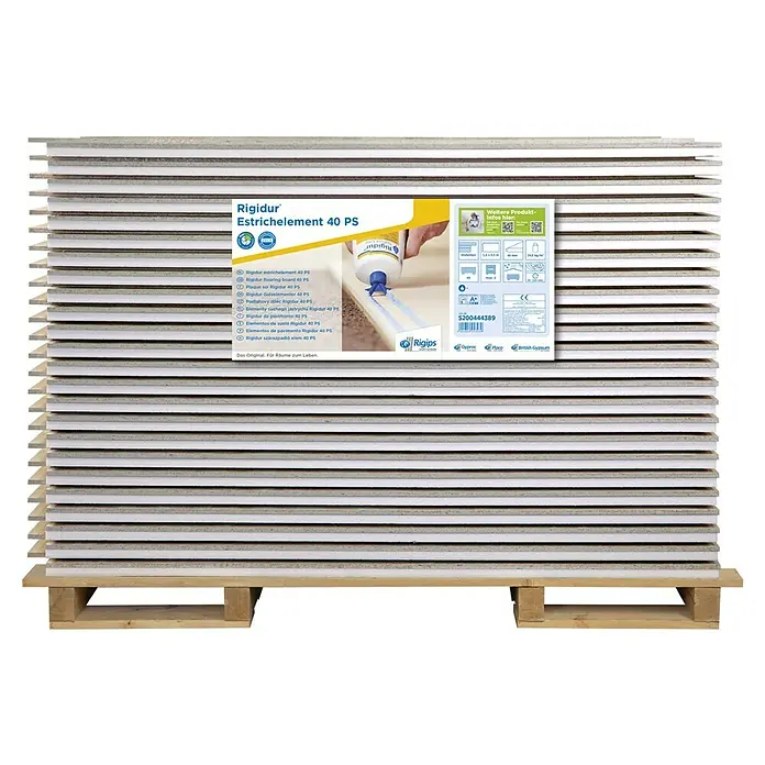 Rigips Rigidur Estrichelement PS - 1.500 x 500 x 40 mm - Eine Palette Rigidur Estrichelemente 40 PS, ideal für den Trockenbau. Diese hochwertigen Bodenelemente bieten eine einfache und effiziente Lösung für Bodenkonstruktionen.