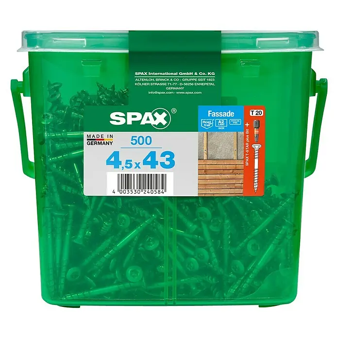 Spax T-Star plus Terrassenschraube - Ø x L: 4,5 x 43 mm, Edelstahl rostfrei A2, 500 Stk. - Dose Spax Fassadenschrauben 4,5x43 mm, 500 Stück. Ideal für Fassadenarbeiten, rostfrei, inklusive Bit T20.