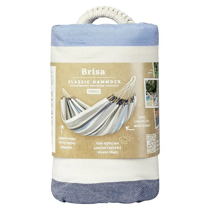 La Siesta Hängematte Brisa - L x B: 300 x 140 cm, Sea Salt - Nahaufnahme einer verpackten "Brisa Classic Hammock" mit Trageschlaufe, mit Produktinformationen auf der Verpackung.
