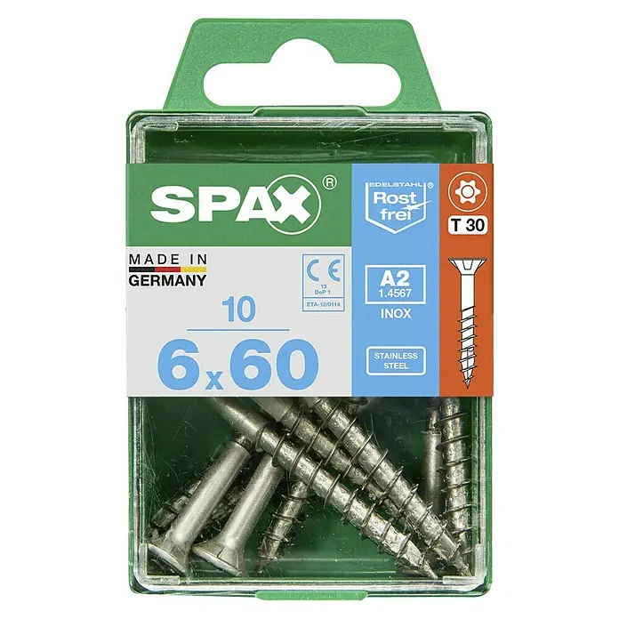 Spax T-Star plus Senkkopfschraube Rostfrei - Ø x L: 6 x 60 mm, Edelstahl rostfrei A2, 10 Stk., Teilgewinde - Eine Packung SPAX Universalschrauben 6x60 mm aus Edelstahl A2. Die Schrauben sind rostfrei und für vielfältige Anwendungen geeignet.