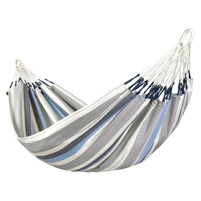 La Siesta Hängematte Brisa - L x B: 300 x 140 cm, Sea Salt - Gestreifte Hängematte in Grau- und Blautönen mit weißen Seilen. Ideal zum Entspannen im Garten oder auf der Terrasse.