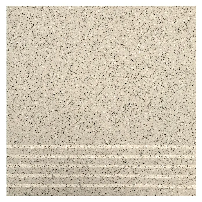 Stufen- & Abdeckplatte Pompei - 30 x 30 cm, Sand, Matt - Nahaufnahme einer beigen Treppenstufe mit rutschfesten Rillen und feiner schwarzer Sprenkelung für mehr Sicherheit und stilvolles Design.